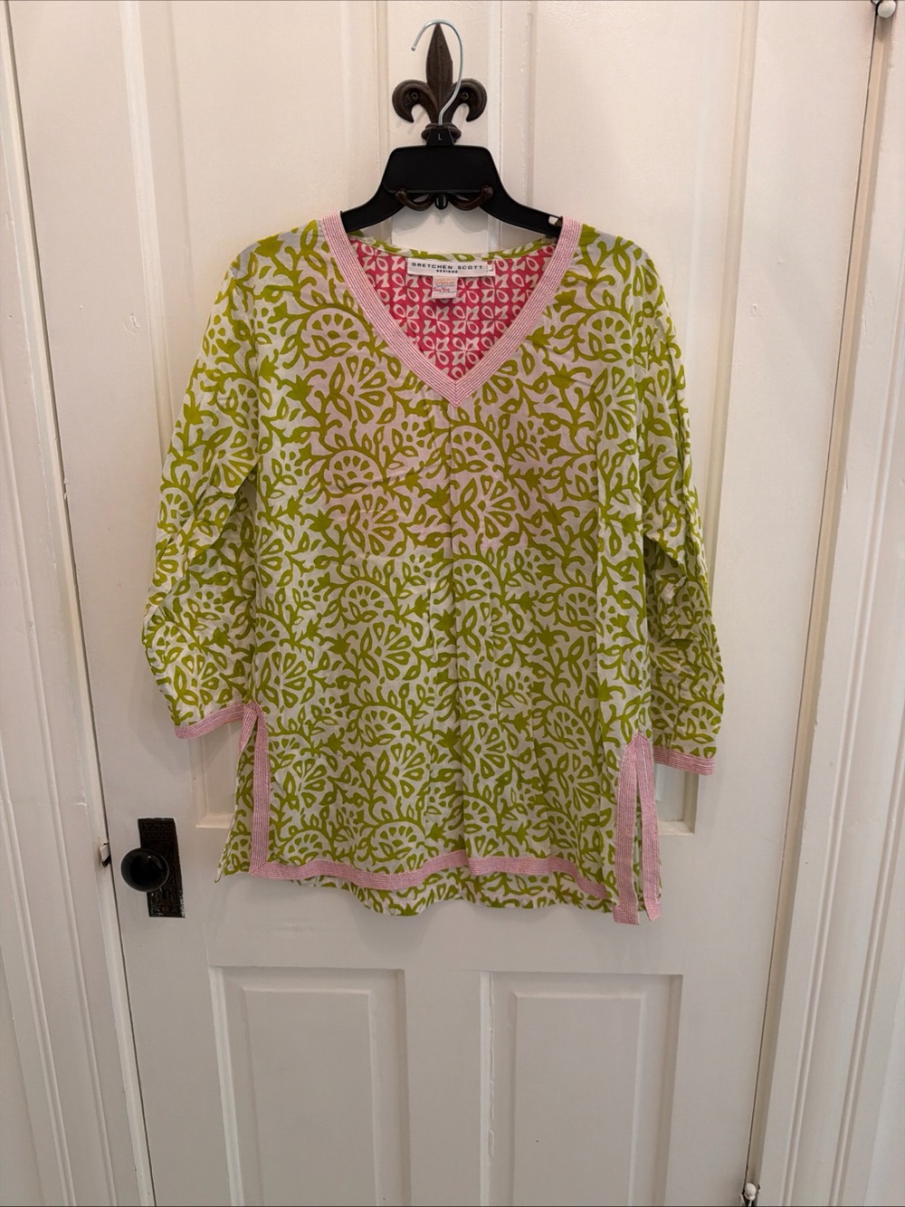 Gretchen Scott Tunic Pink Green  Print Size-L Tropical Palm Beach Style Cotton